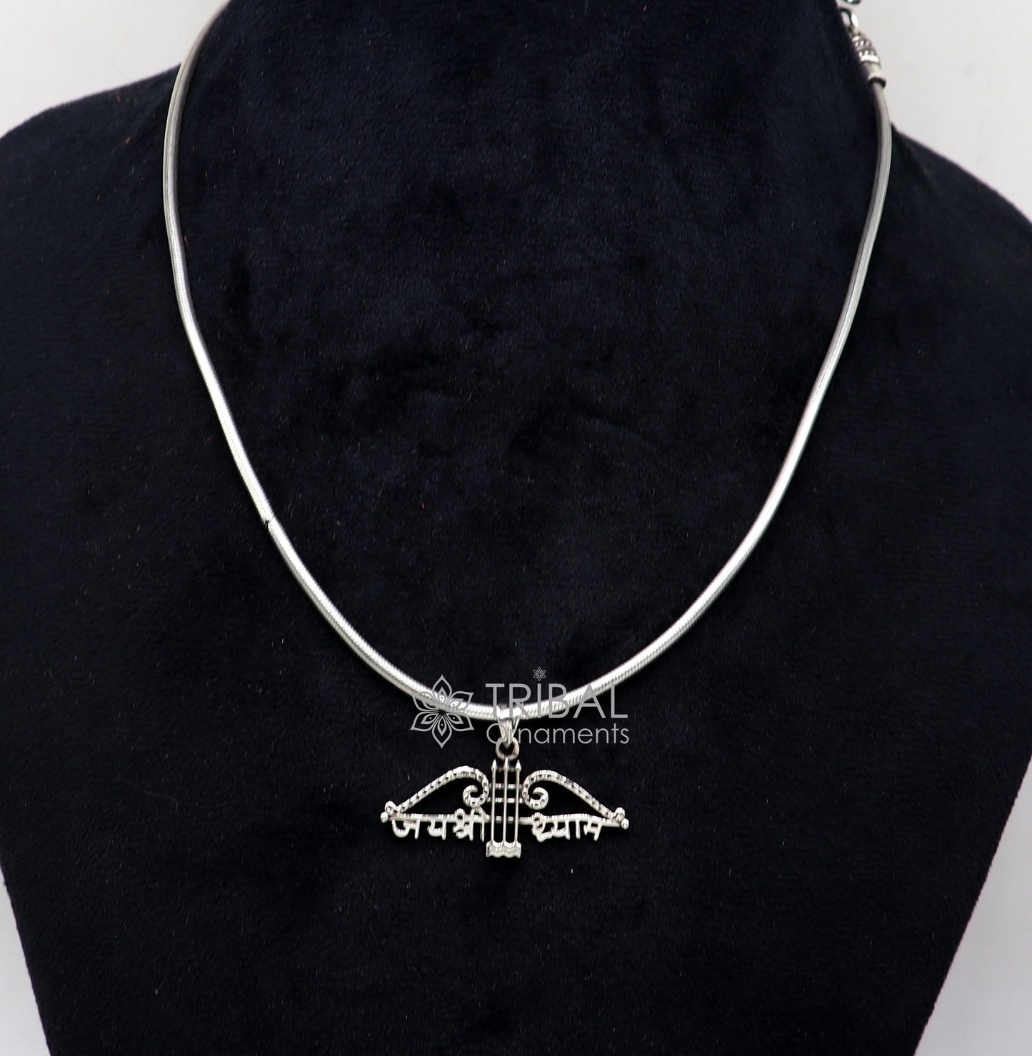 925 sterling silver Khatushyam ji Dhanush pendant with "Jai Shree Shyam" design, suitable for unisex jewelry, by Tribal Ornaments.
