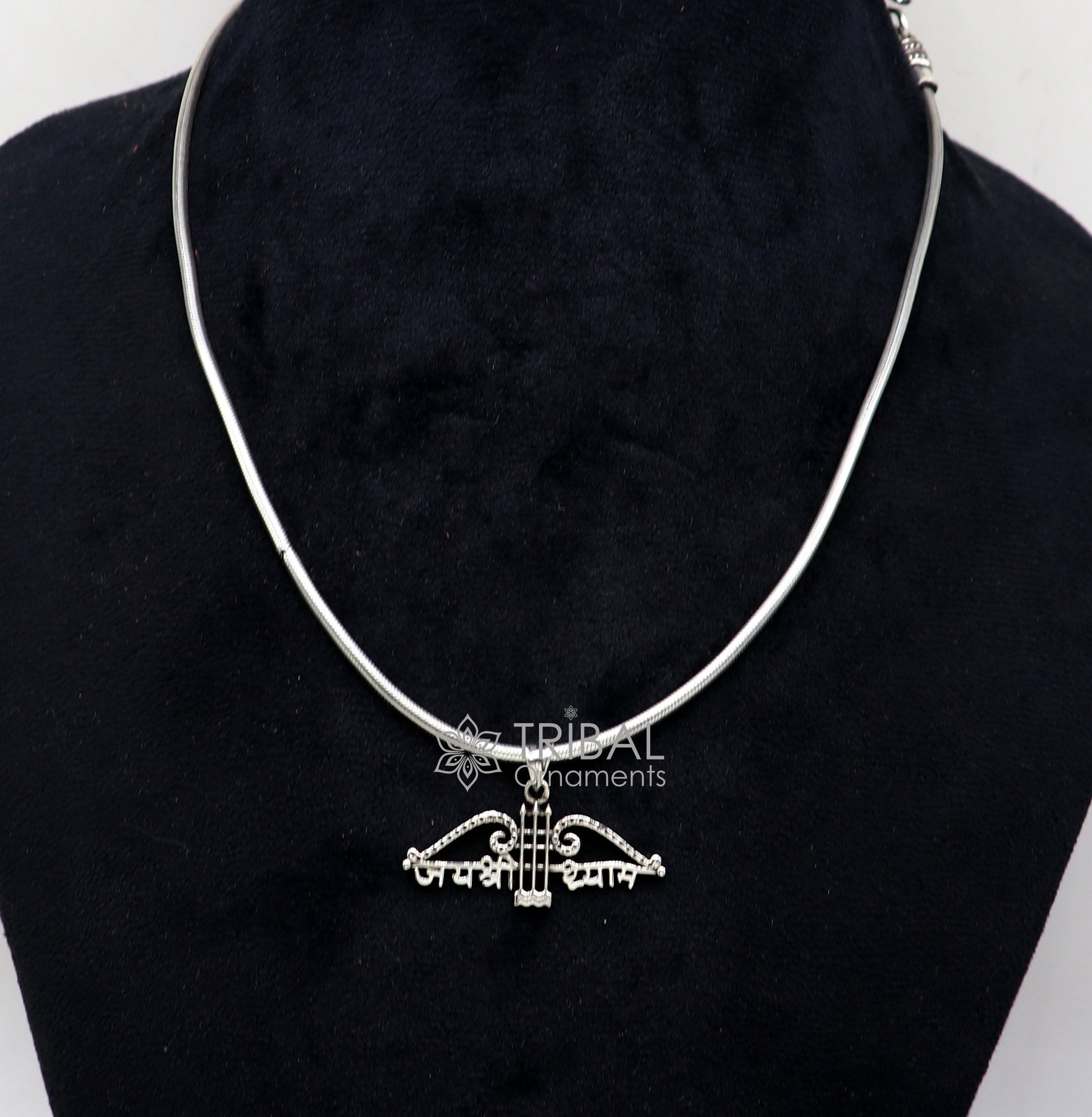 925 sterling silver Khatushyam ji Dhanush pendant with "Jai Shree Shyam" design, suitable for unisex jewelry, by Tribal Ornaments.