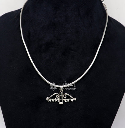 925 sterling silver Khatushyam ji Dhanush pendant with "Jai Shree Shyam" design, suitable for unisex jewelry, by Tribal Ornaments.