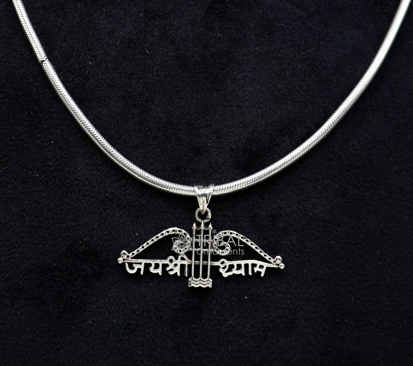 925 sterling silver Khatushyam ji Dhanush pendant with "Jai Shree Shyam" design, suitable for unisex jewelry, by TRIBAL ORNAMENTS.