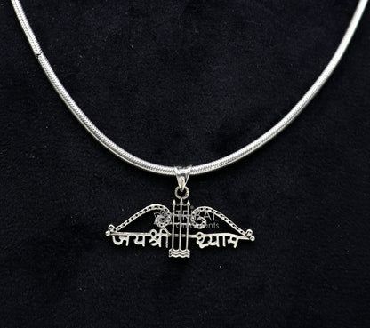 925 sterling silver Khatushyam ji Dhanush pendant with "Jai Shree Shyam" design, suitable for unisex jewelry, by TRIBAL ORNAMENTS.