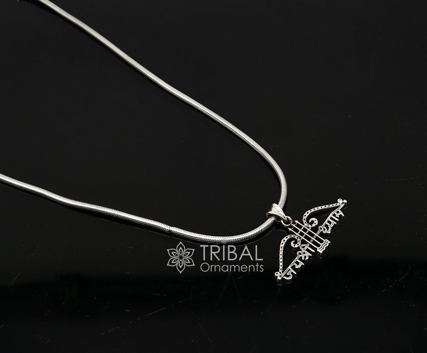 925 sterling silver Khatushyam ji Dhanush pendant featuring "Jai Shree Shyam" design for unisex jewelry by Tribal Ornaments.