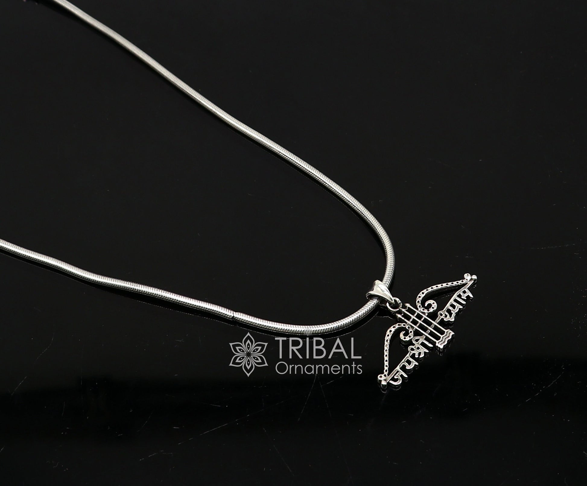 925 sterling silver Khatushyam ji Dhanush pendant featuring "Jai Shree Shyam" design for unisex jewelry by Tribal Ornaments.