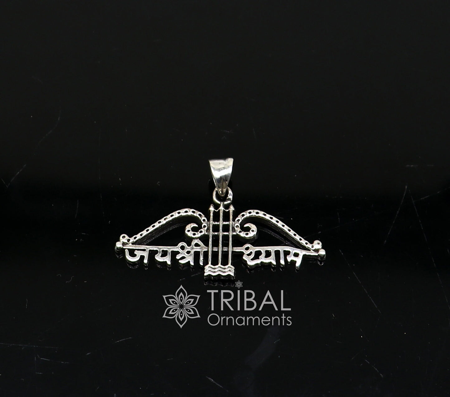 925 sterling silver Khatushyam ji Dhanush pendant with "Jai Shree Shyam" design, unisex jewelry for men and women by Tribal Ornaments