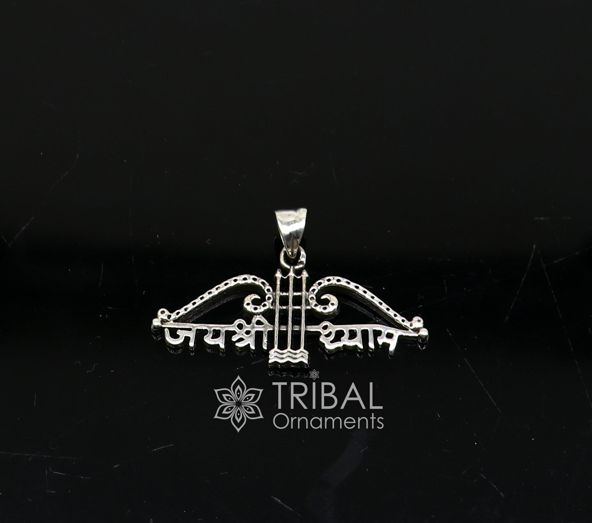 925 sterling silver Khatushyam ji Dhanush pendant with "Jai Shree Shyam" design, unisex jewelry for men and women by Tribal Ornaments