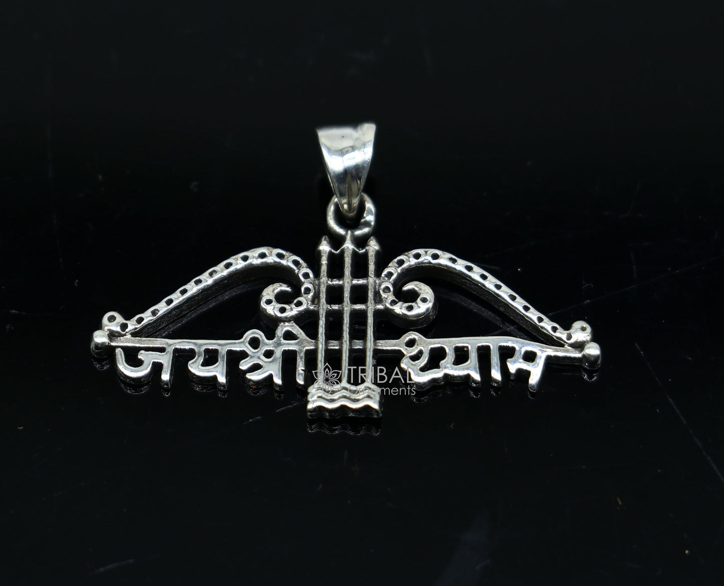 925 sterling silver Khatushyam ji Dhanush pendant with "Jai Shree Shyam" design, unisex jewelry for both men and women.