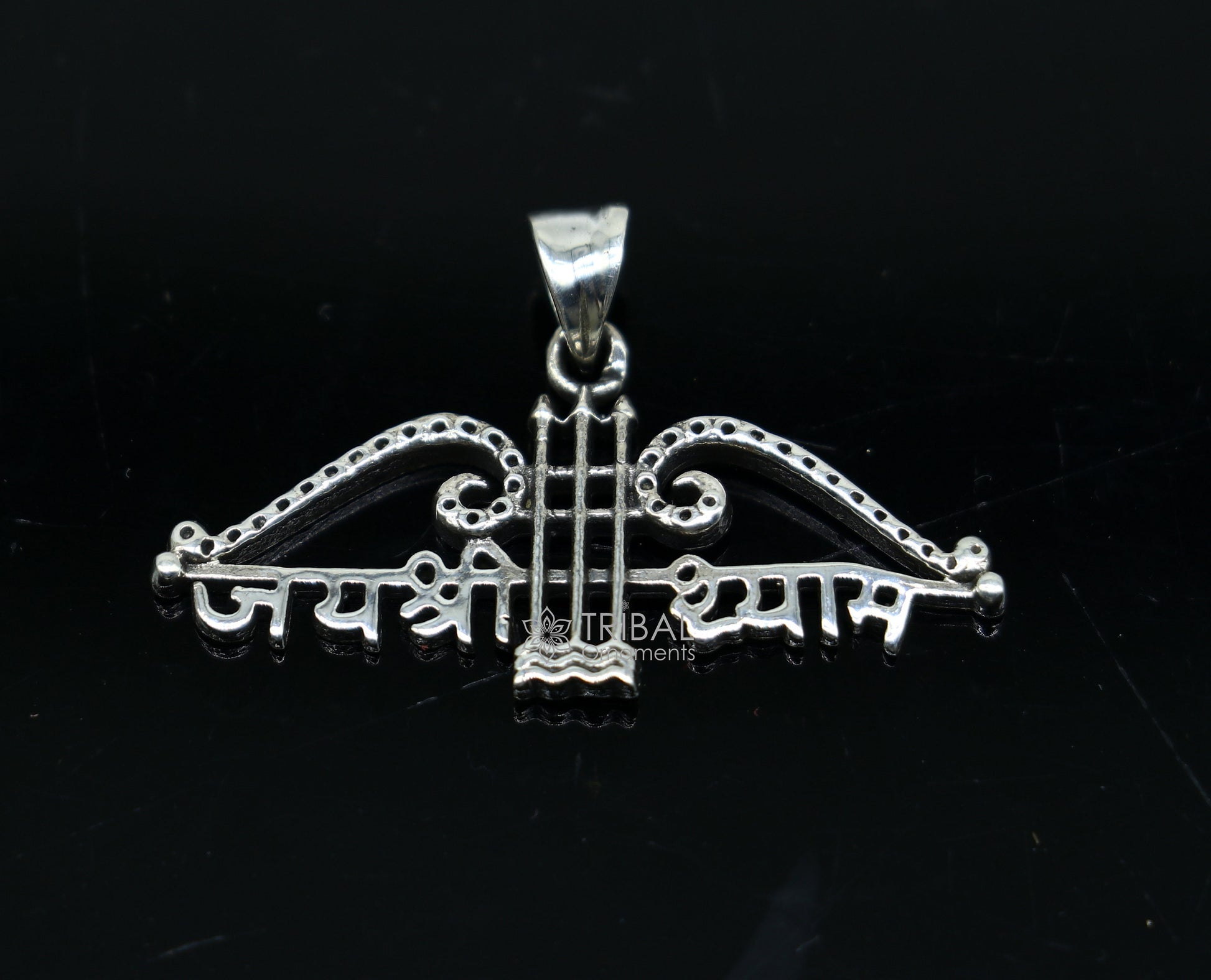 925 sterling silver Khatushyam ji Dhanush pendant with "Jai Shree Shyam" design, unisex jewelry for both men and women.