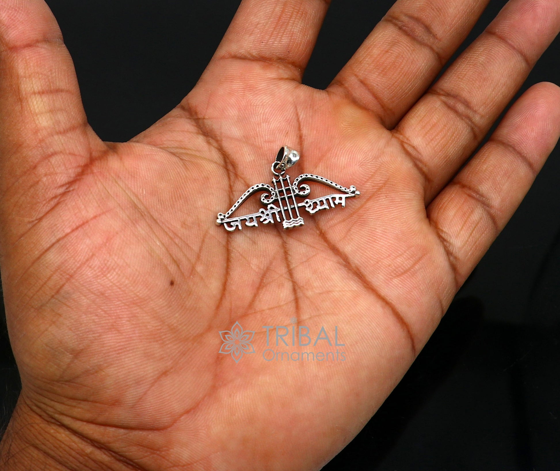 Sterling silver Khatushyam Ji Dhanush pendant featuring "Jai Shree Shyam" design, unisex jewelry by TRIBAL ORNAMENTS.