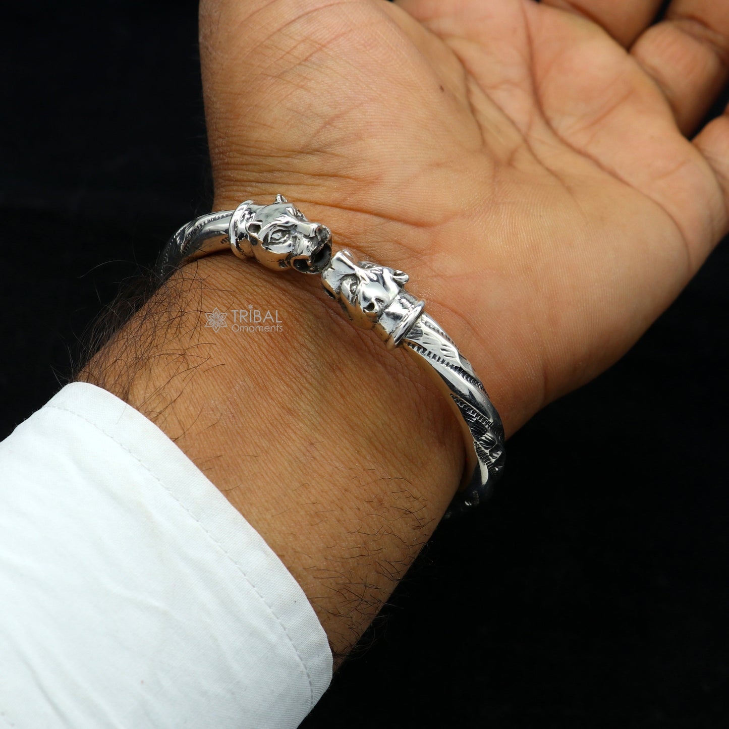 Sterling silver lion face kada bracelet with tribal design, stylish bangle jewelry from Tribal Ornaments.