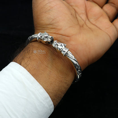 Sterling silver lion face kada bracelet with tribal design, stylish bangle jewelry from Tribal Ornaments.