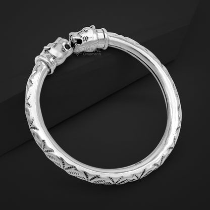 Sterling silver lion face kada bracelet by Tribal Ornaments, trendy tribal jewelry with intricate pretty work and attractive design.