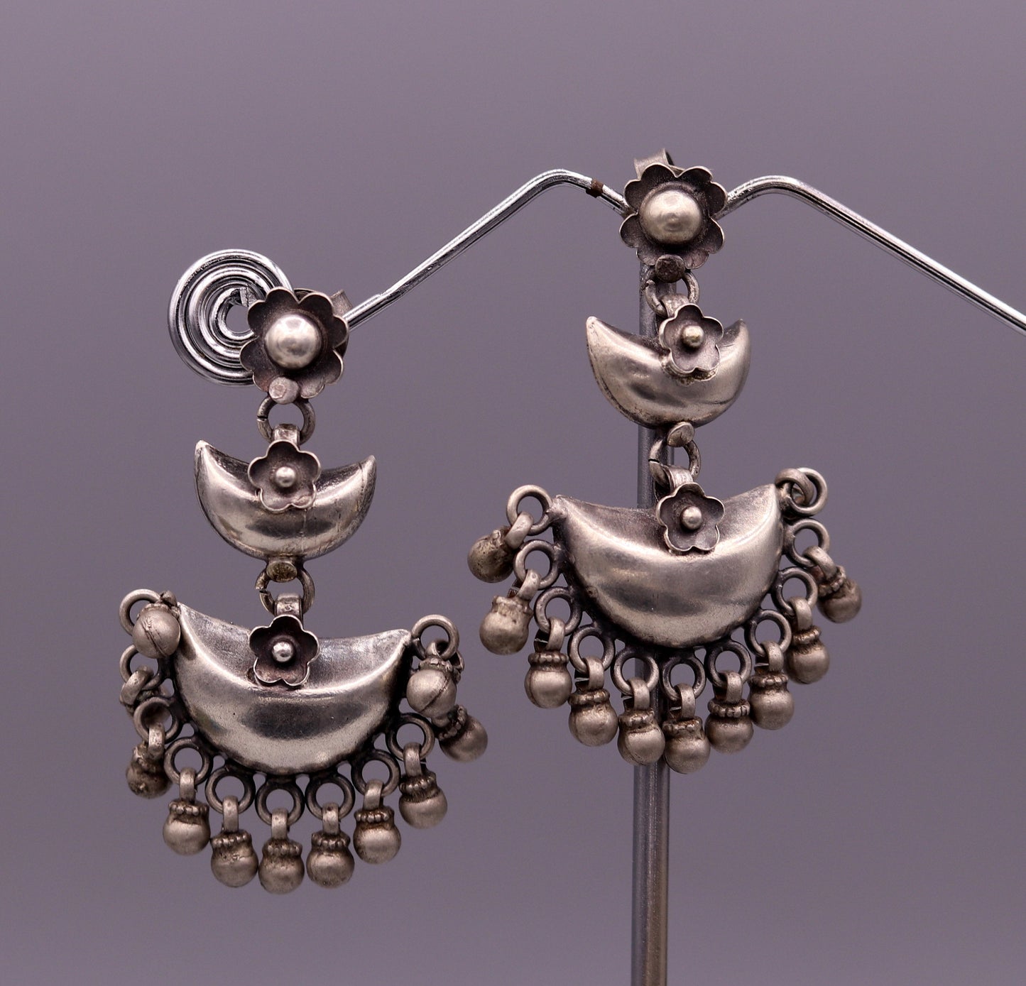 925 sterling silver tribal earrings featuring half moon design, hanging bells, and drop dangle style for wedding or party jewelry.