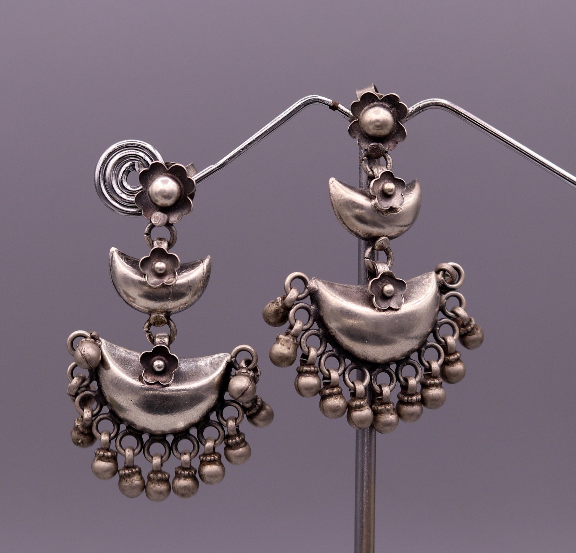 925 sterling silver tribal earrings featuring half moon design, hanging bells, and drop dangle style for wedding or party jewelry.