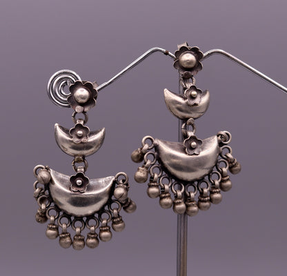 925 sterling silver tribal earrings featuring half moon design, hanging bells, and drop dangle style for wedding or party jewelry.