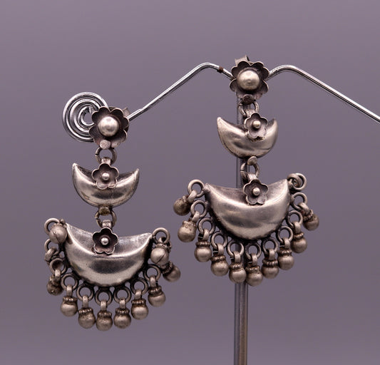 925 sterling silver tribal earrings featuring half moon design, hanging bells, and drop dangle style for wedding or party jewelry.