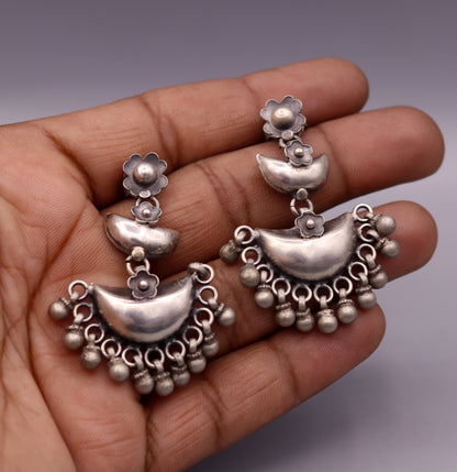 925 sterling silver tribal half-moon earrings with hanging bells, stud and drop dangle design for wedding or party jewelry