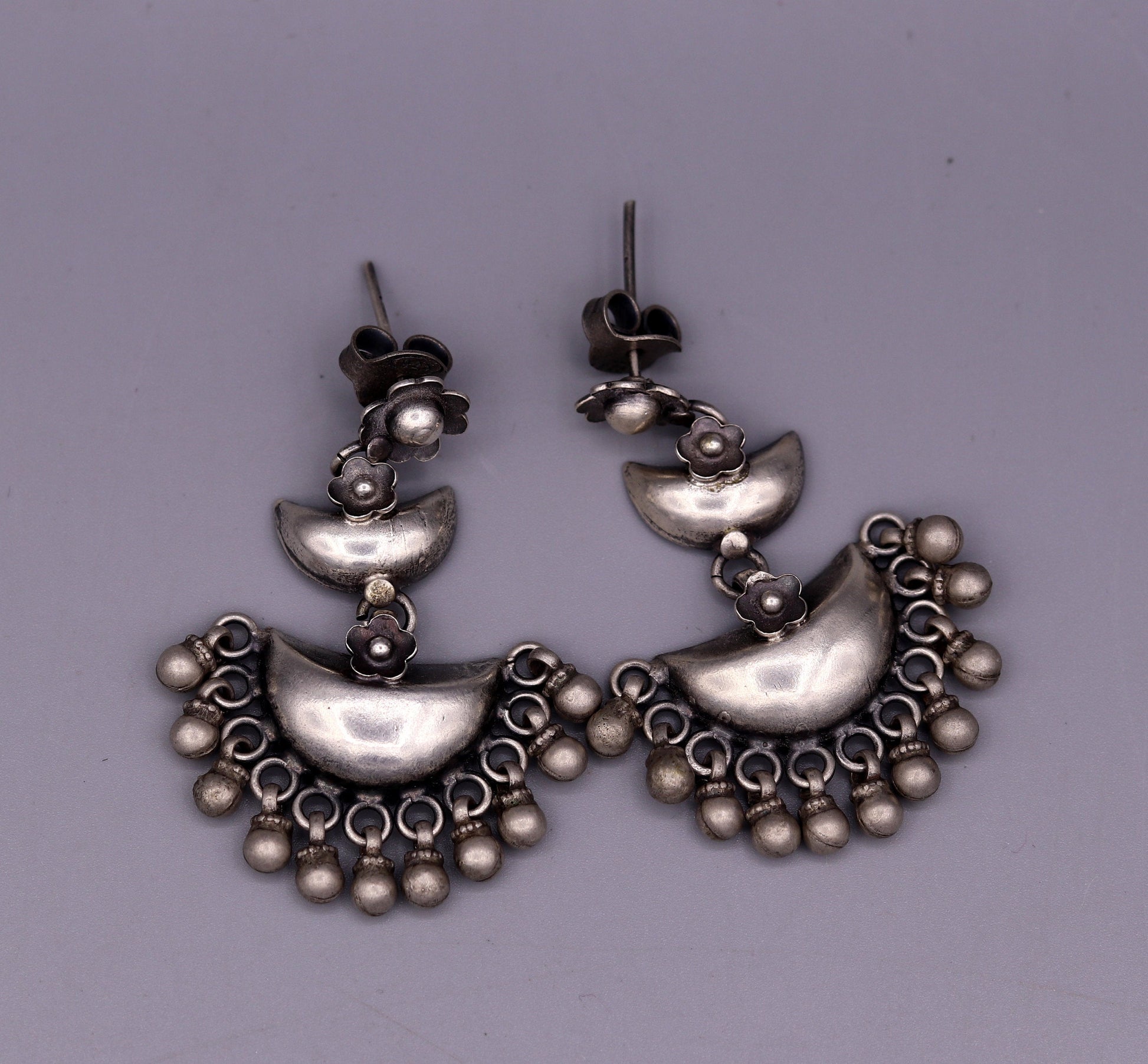 925 sterling silver tribal half moon earrings with hanging bells, stud and drop dangle style for wedding or party jewelry.