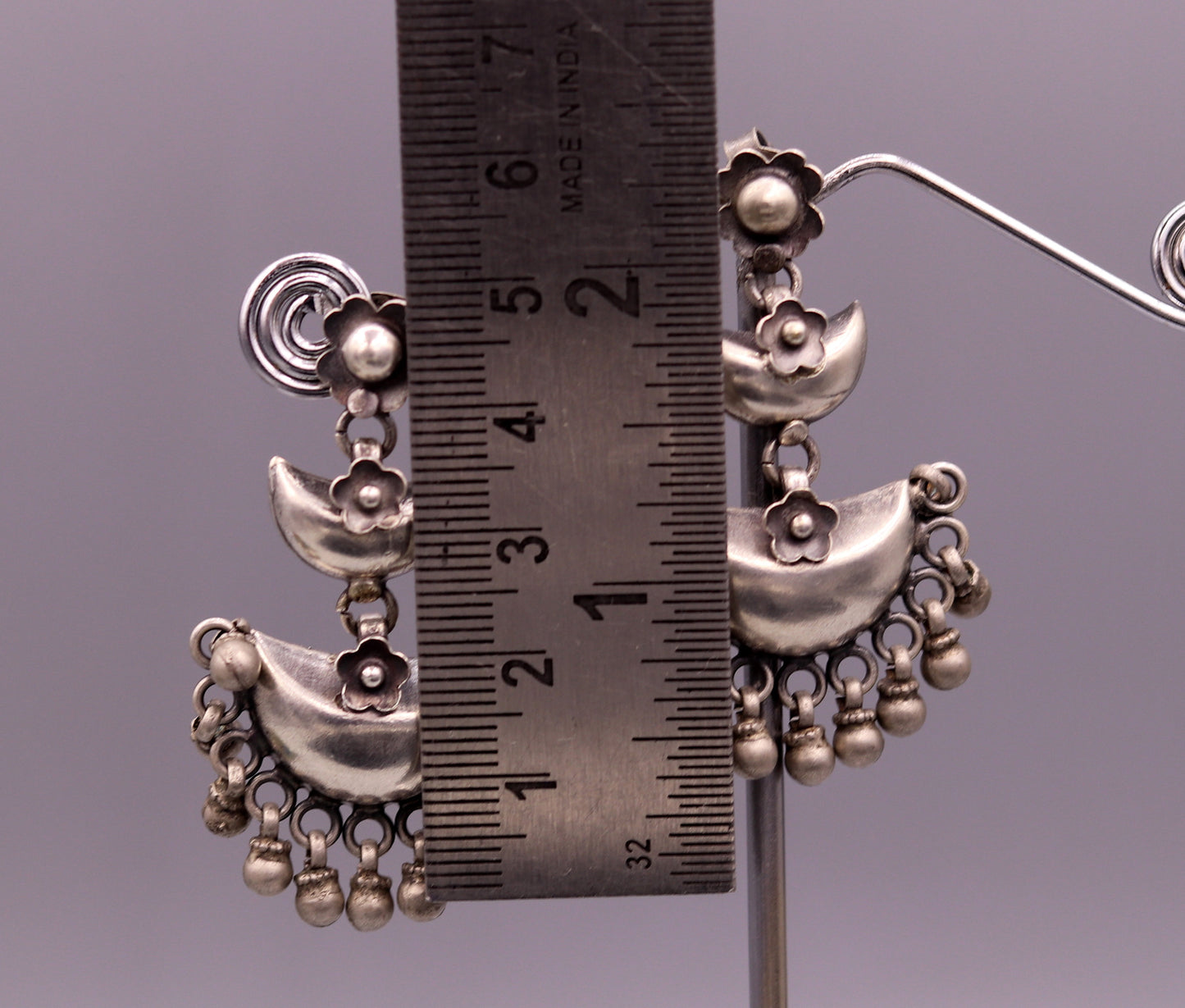925 sterling silver tribal earrings with half-moon studs and hanging bells, perfect for wedding or party tribal jewelry.
