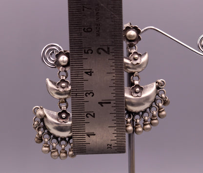 925 sterling silver tribal earrings with half-moon studs and hanging bells, perfect for wedding or party tribal jewelry.