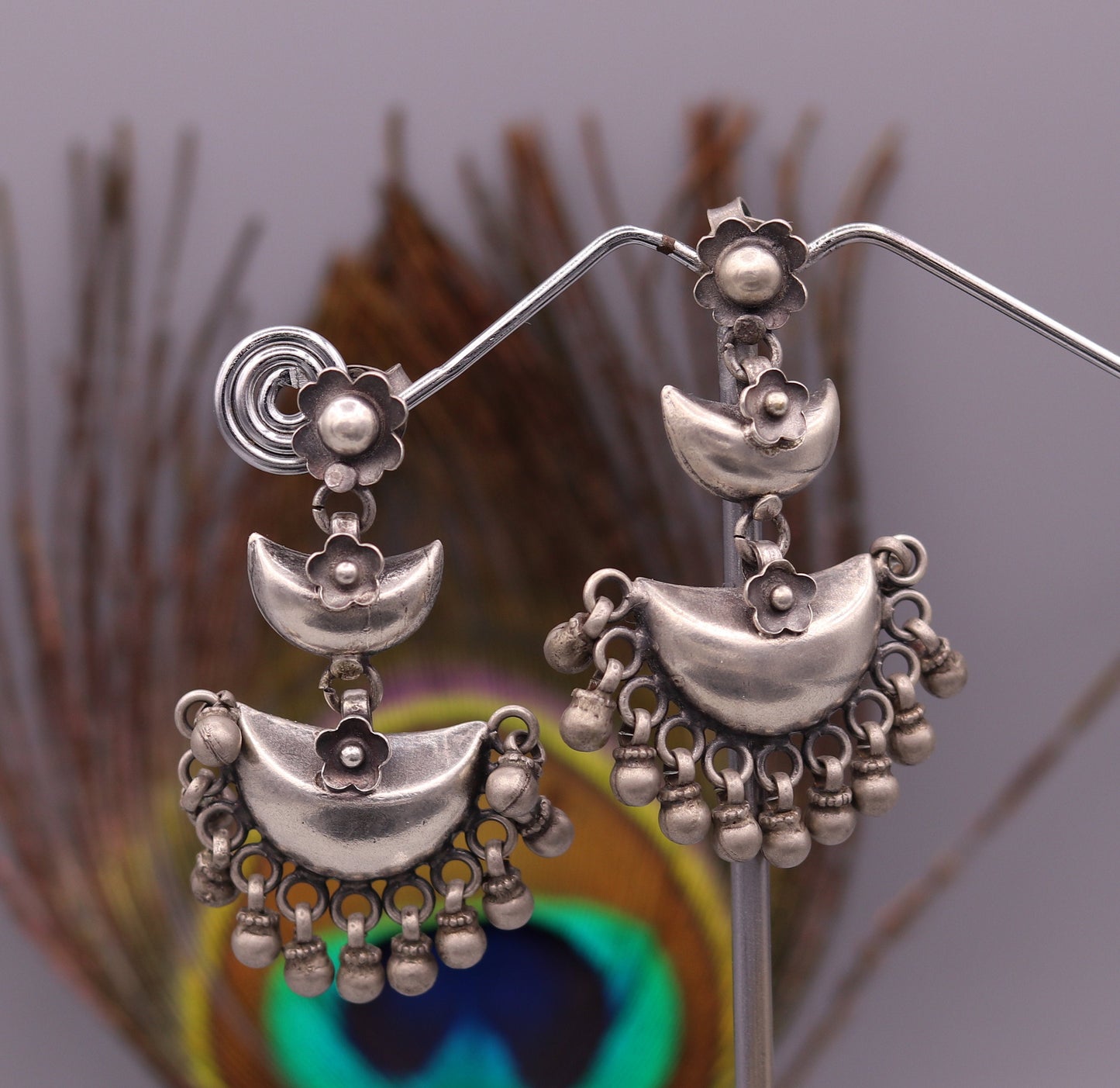 Sterling silver tribal earrings with half moon design, stud earrings with hanging bells, drop dangle jewelry for wedding or party.