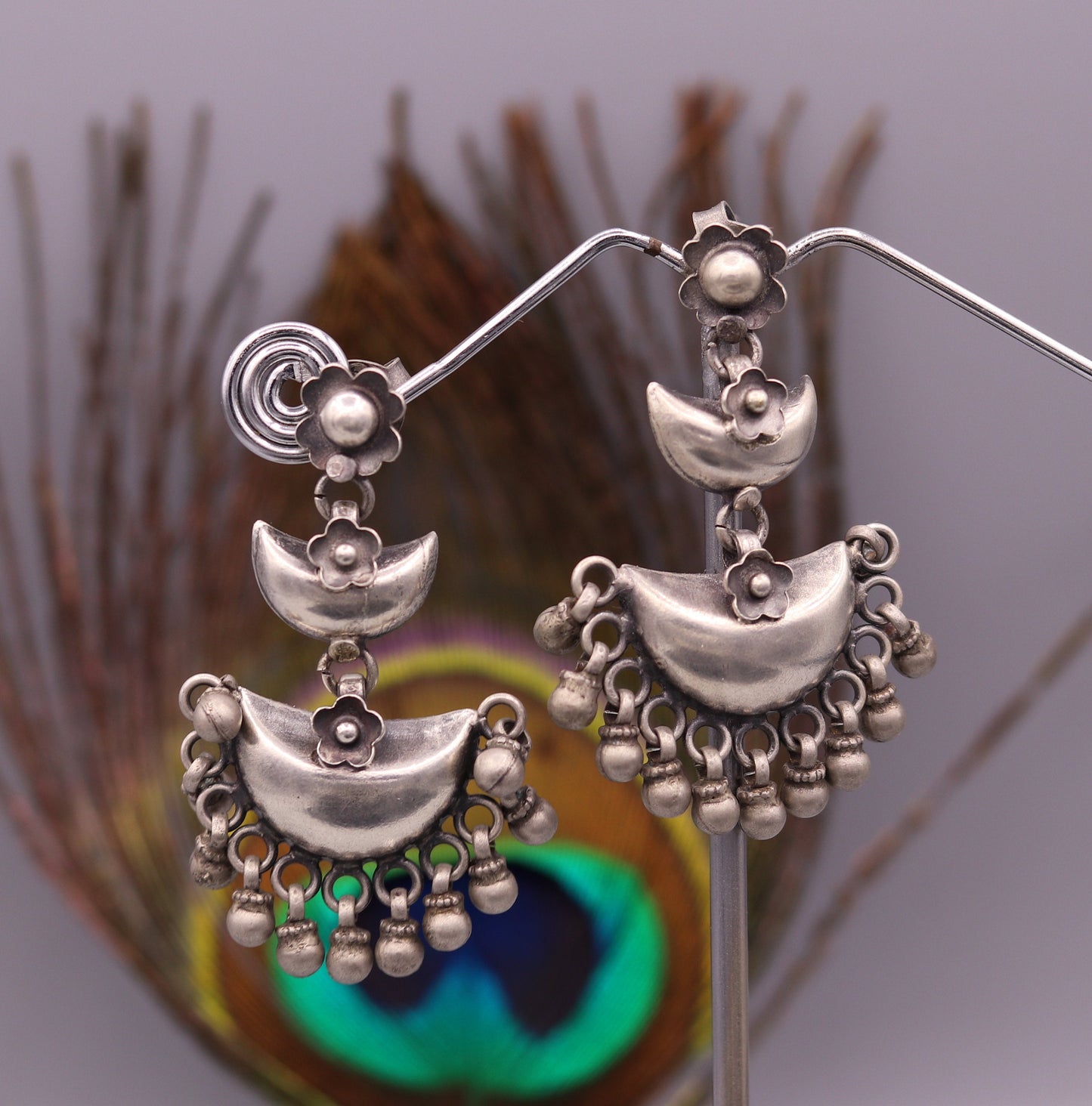 Sterling silver tribal earrings with half-moon design, hanging bells, and dangle drops for wedding or party jewelry.