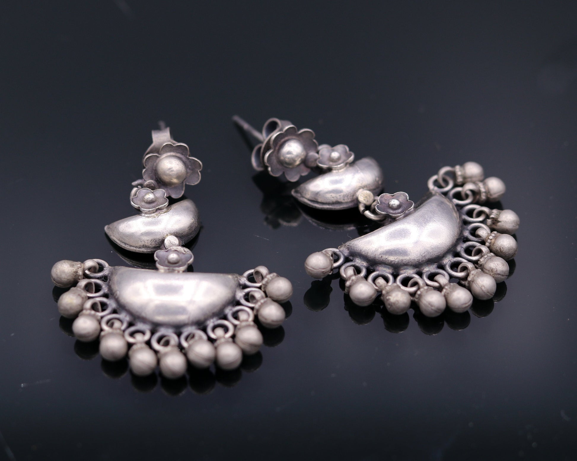 925 sterling silver tribal earrings with half-moon studs, hanging bells, and dangle drop jewelry for wedding and party occasions