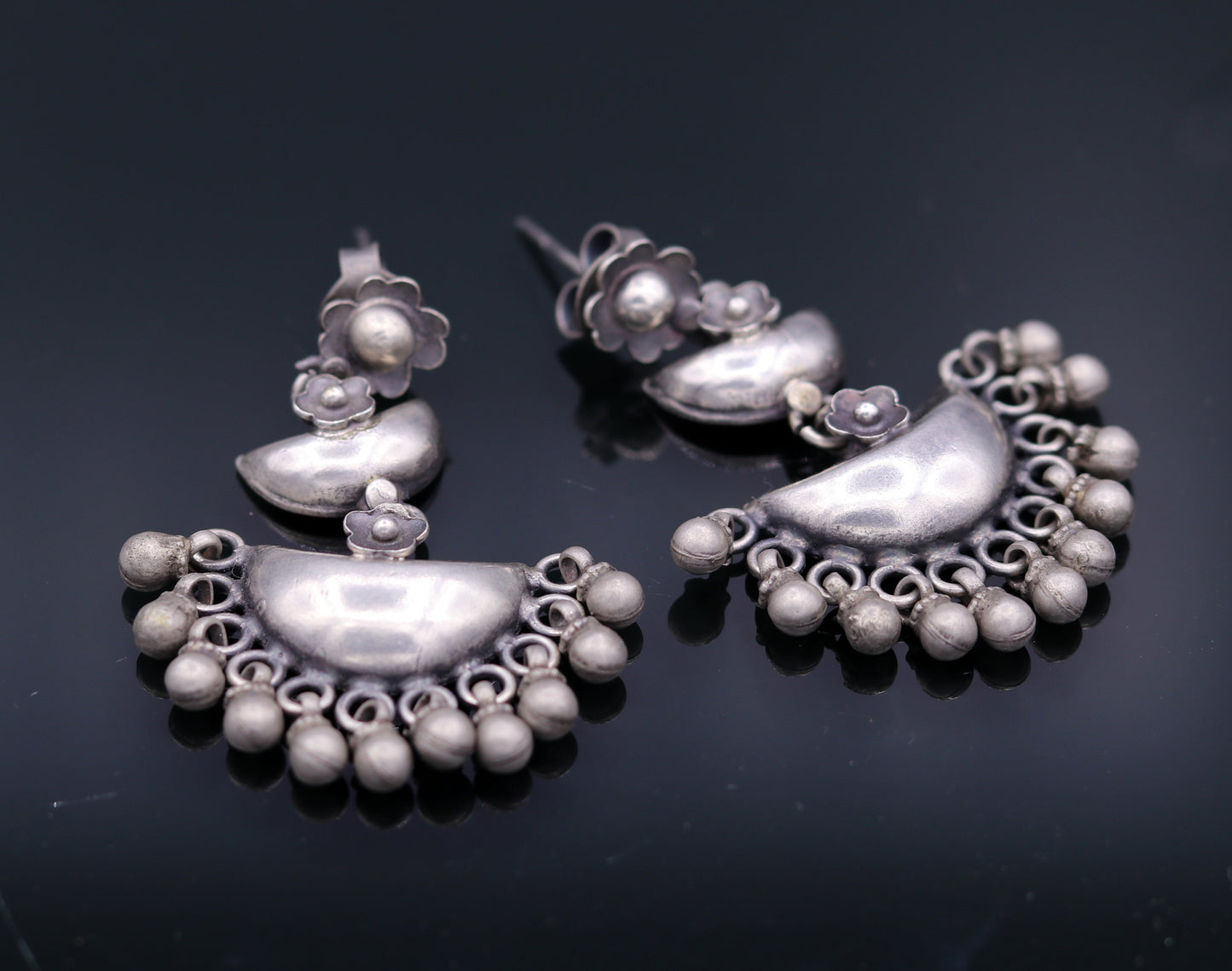 Sterling silver tribal earrings with half-moon design, hanging bells, stud and drop dangle style for wedding or party jewelry.