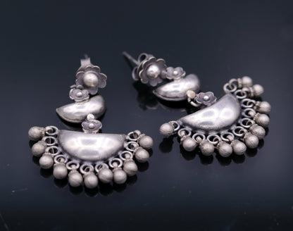 Sterling silver tribal earrings with half-moon design, hanging bells, stud and drop dangle style for wedding or party jewelry.