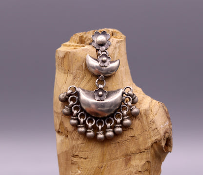 925 sterling silver tribal earrings with half-moon design, hanging bells, studs, drop dangles, perfect for wedding and party jewelry.
