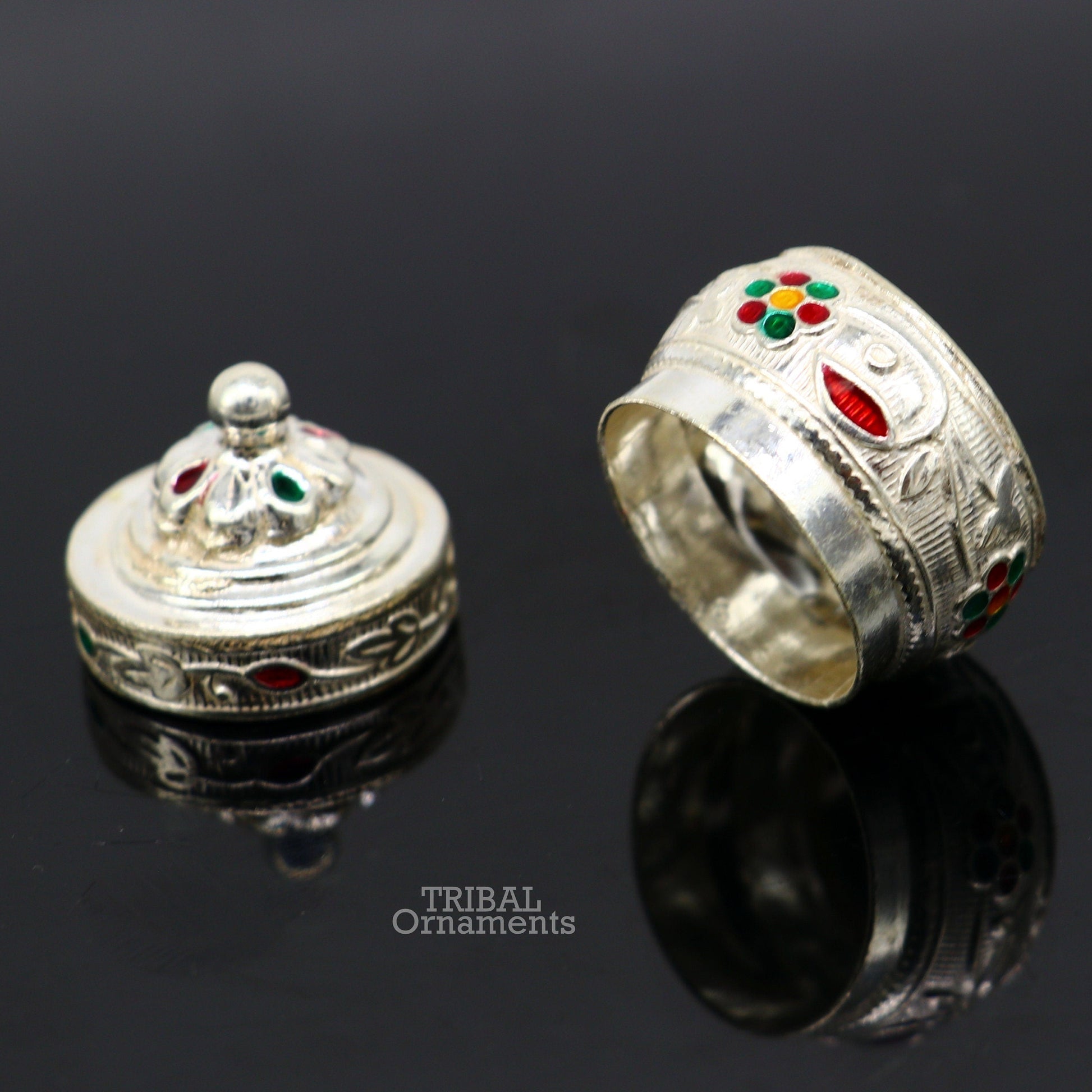 925 sterling silver trinket box, kajal box/casket box bridal enamel jewelry box collection, container box, eyeliner box gifting art stb369 - TRIBAL ORNAMENTS