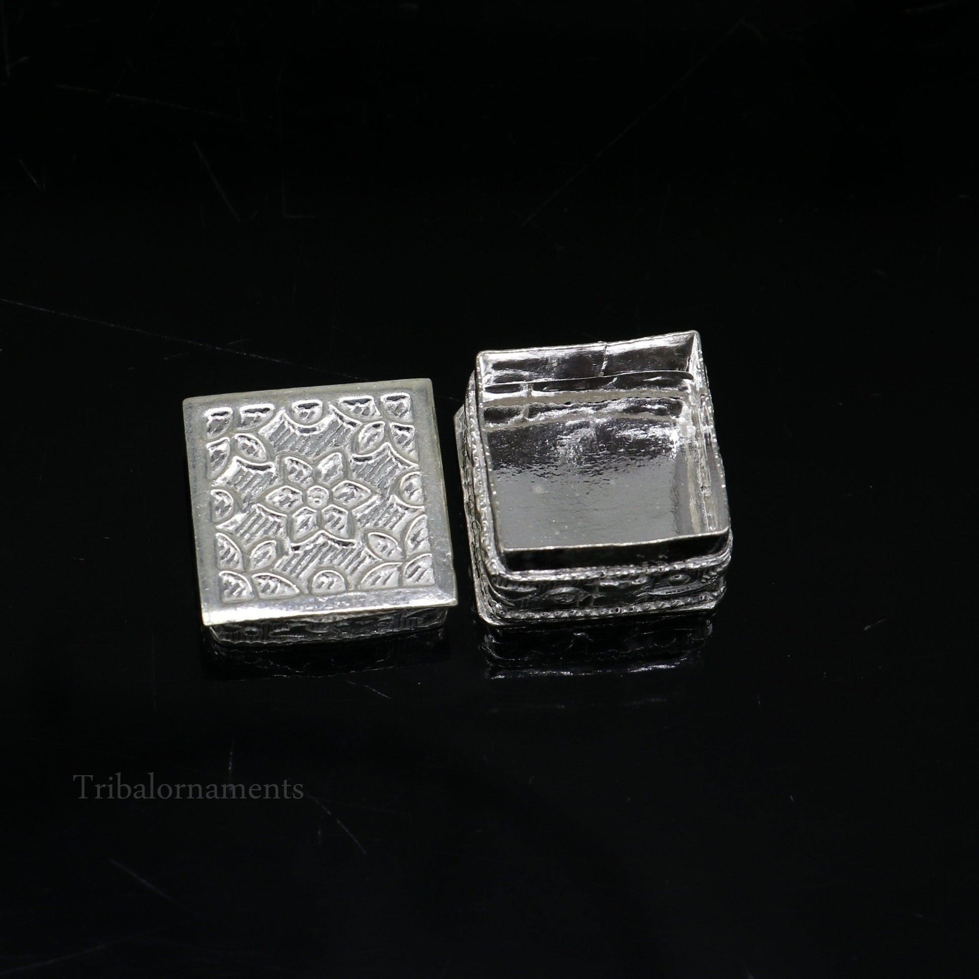 925 sterling silver bridal square trinket box, tribal ornaments collection, elegant container for jewelry or eyeliner, artisan craftsmanship