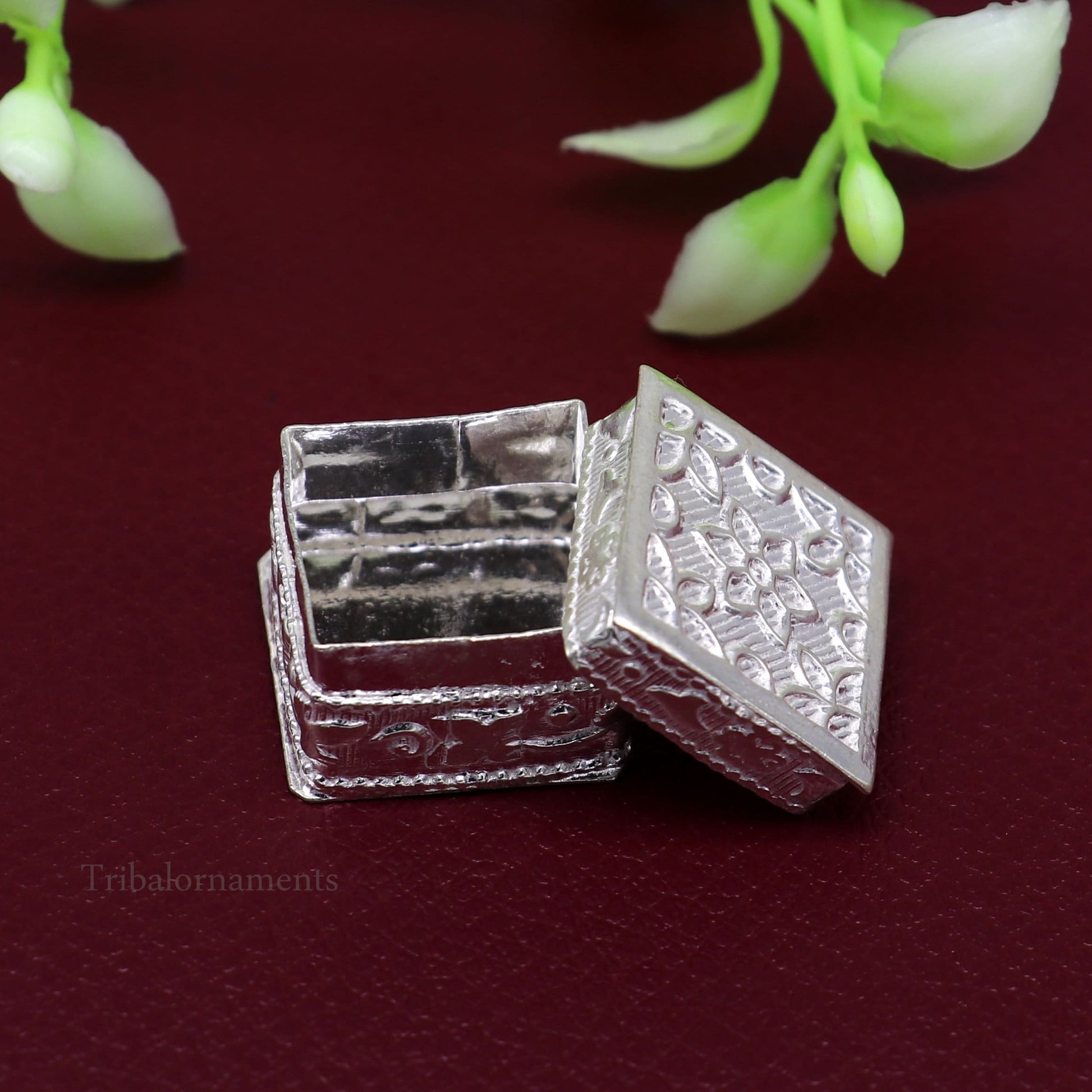 925 sterling silver trinket box with square shape, tribal ornament design, bridal collection container and eyeliner casket for gifting