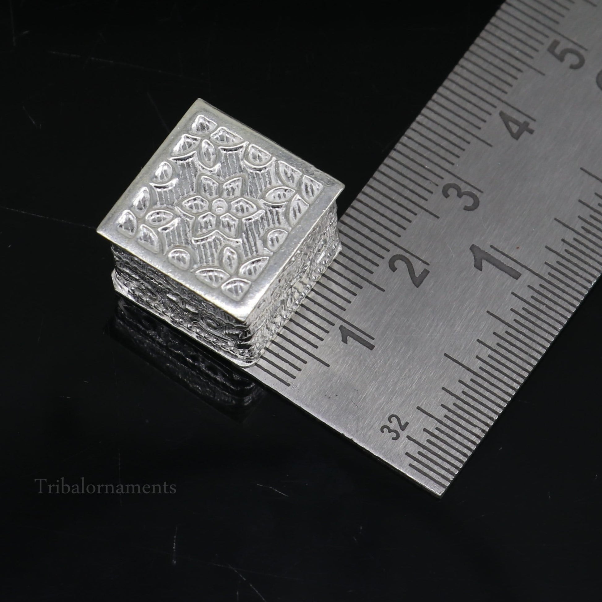 Square-shaped 925 sterling silver trinket box from Tribal Ornaments, bridal kajal and eyeliner casket with intricate design.