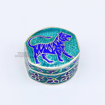 925 sterling silver trinket box, kajal box/casket box brides collection, lion enamel design container box, eyeliner box gifting stb366 - TRIBAL ORNAMENTS