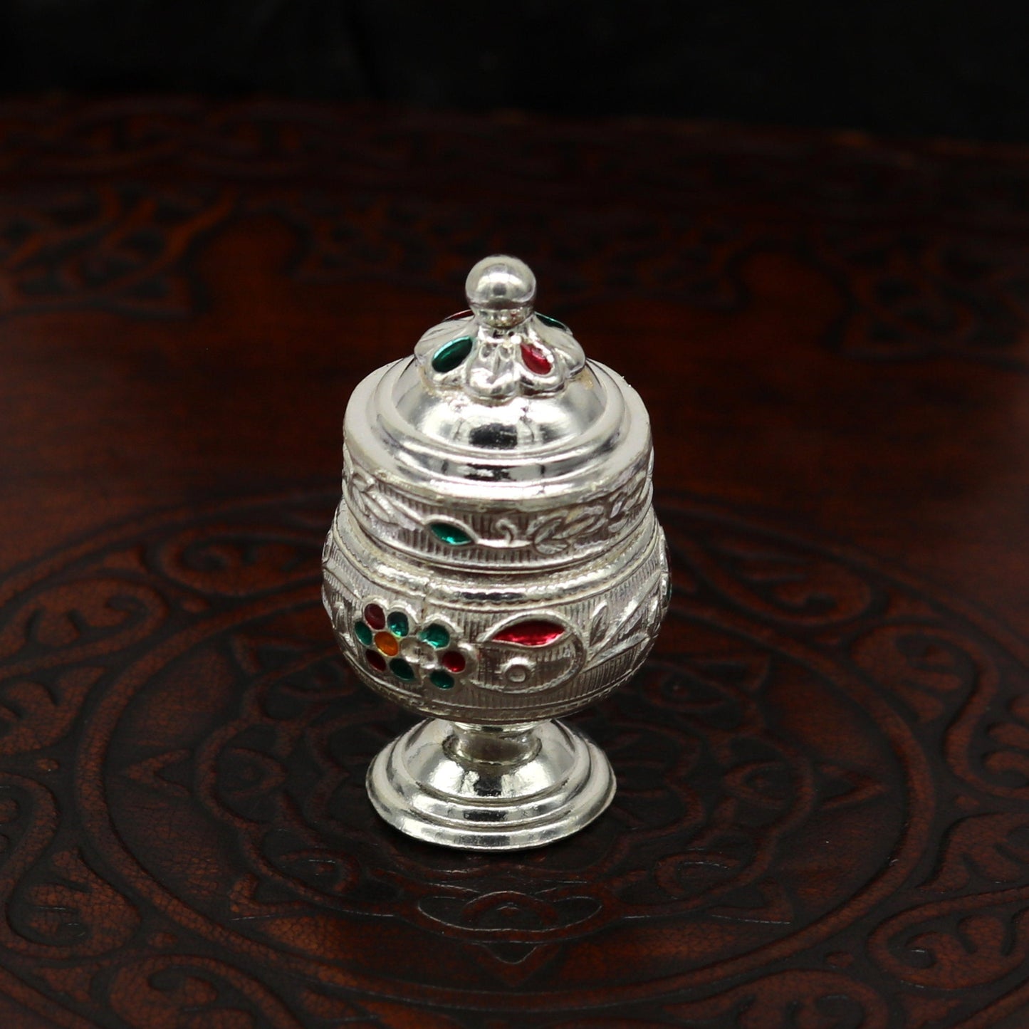 925 sterling silver trinket box, kumkum box/ casket box bridal enamel jewelry box collection, container box, jewelry box gifting art stb70 - TRIBAL ORNAMENTS