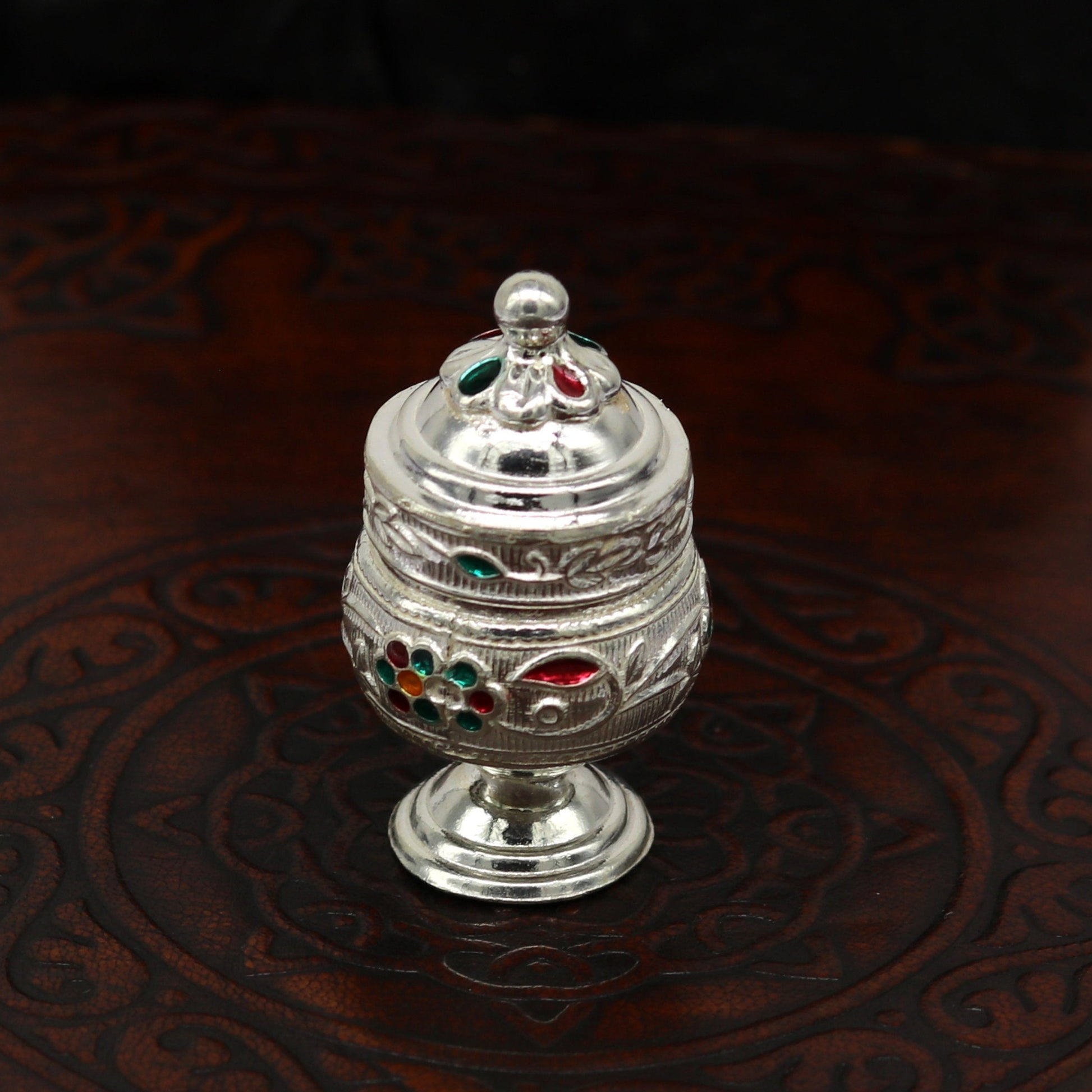 925 sterling silver trinket box, kumkum box/ casket box bridal enamel jewelry box collection, container box, jewelry box gifting art stb70 - TRIBAL ORNAMENTS