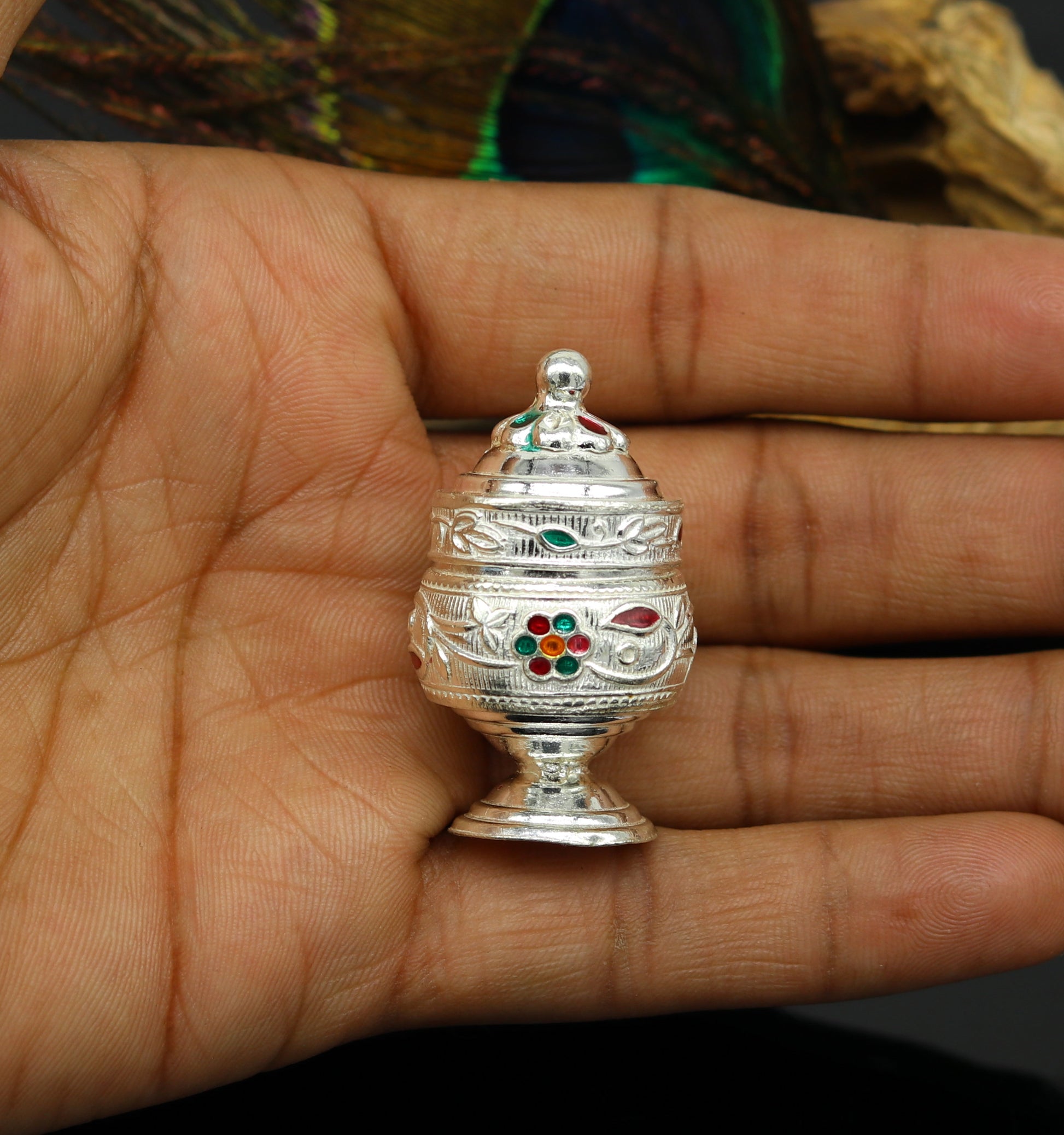 925 sterling silver trinket box, kumkum box/ casket box bridal enamel jewelry box collection, container box, jewelry box gifting art stb70 - TRIBAL ORNAMENTS