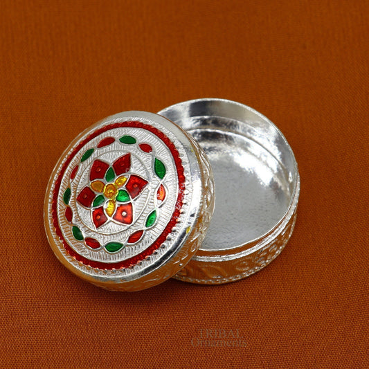 925 sterling silver trinket box, kumkum box/ casket box bridal gifts enamel jewelry box collection, container box, jewelry box art stb355 - TRIBAL ORNAMENTS