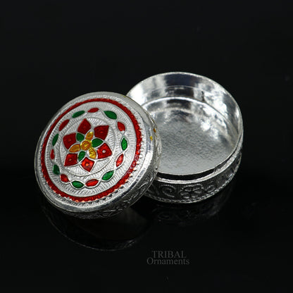 925 sterling silver trinket box, kumkum box/ casket box bridal gifts enamel jewelry box collection, container box, jewelry box art stb355 - TRIBAL ORNAMENTS
