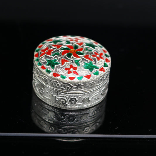 925 sterling silver trinket box, kumkum box/ casket box bridal gifts enamel jewelry box collection, container box, jewelry box art stb49 - TRIBAL ORNAMENTS