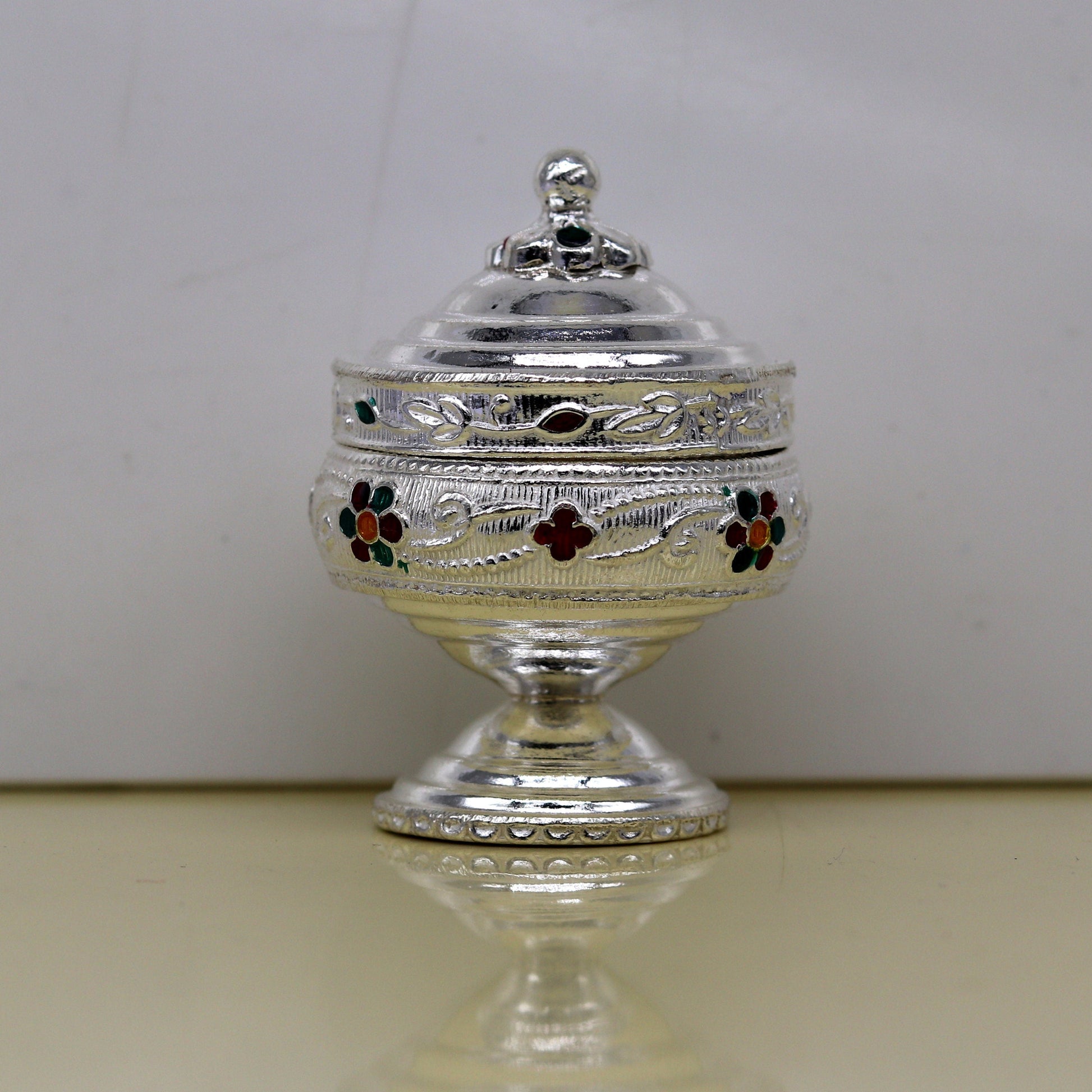 925 sterling silver trinket box, kumkum box/ casket box bridal gifts enamel jewelry box collection, container box, jewelry box art stb68 - TRIBAL ORNAMENTS