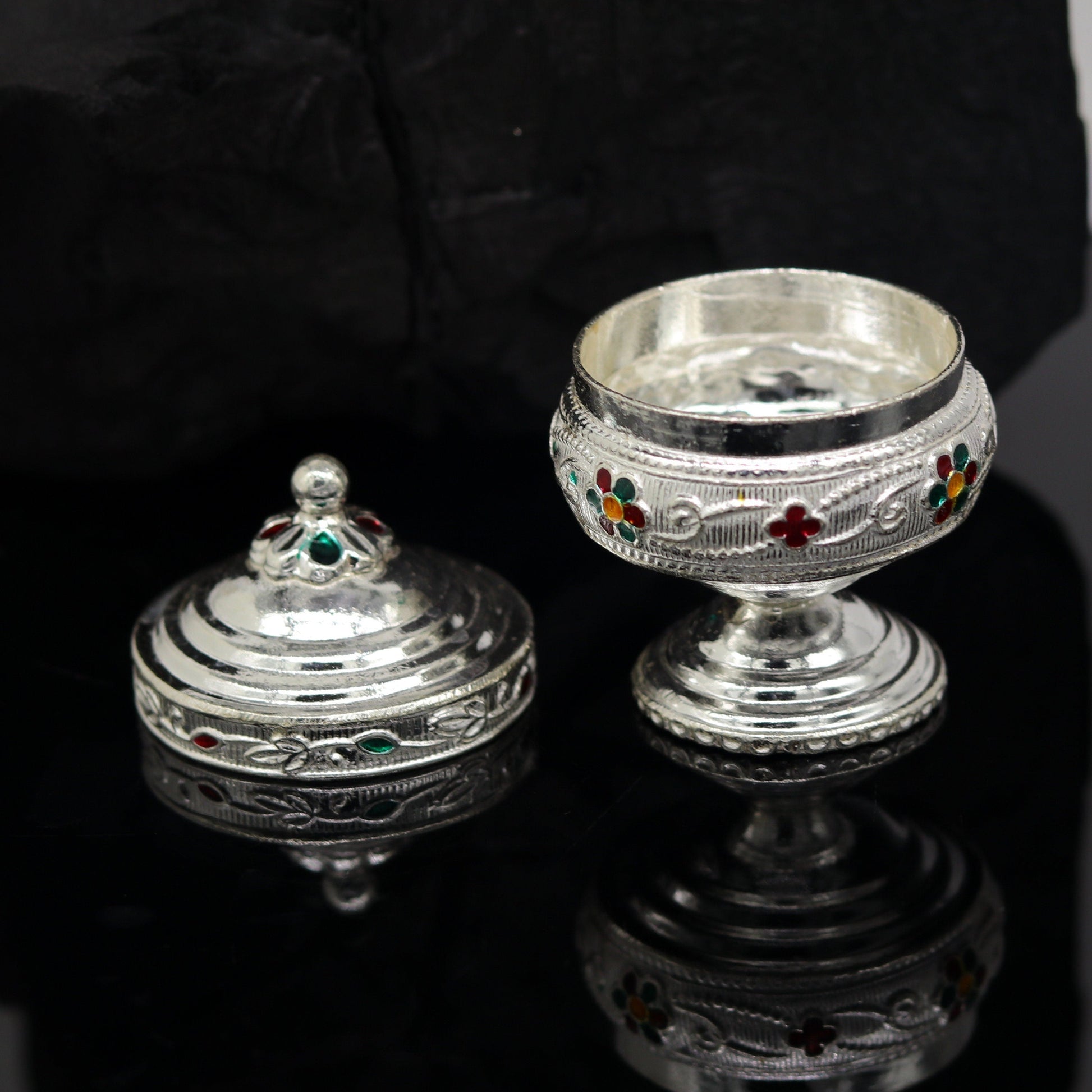 925 sterling silver trinket box, kumkum box/ casket box bridal gifts enamel jewelry box collection, container box, jewelry box art stb68 - TRIBAL ORNAMENTS