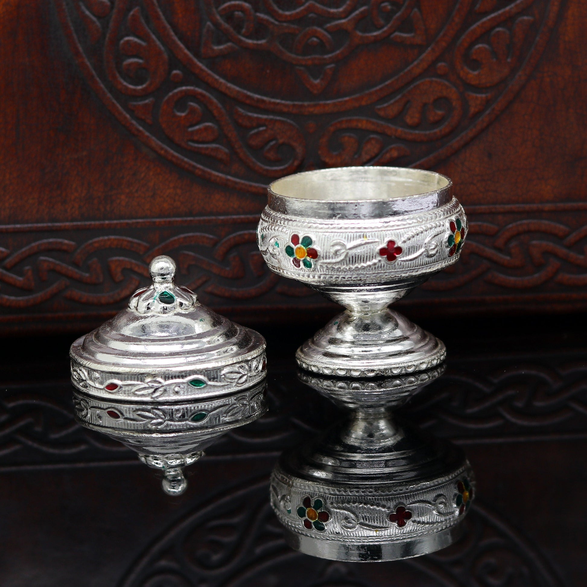 925 sterling silver trinket box, kumkum box/ casket box bridal gifts enamel jewelry box collection, container box, jewelry box art stb68 - TRIBAL ORNAMENTS