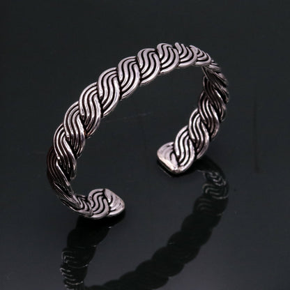 925 Sterling Silver twisted open face adjustable bangle cuff bracelet with intricate tribal design by TRIBAL ORNAMENTS