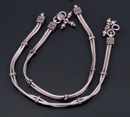 Sterling silver two-line layered snake chain ankle bracelet, trendy belly dance foot jewelry, custom design by Tribal Ornaments.
