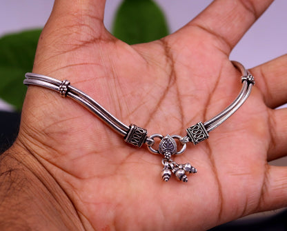 Sterling silver two-line snake chain ankle bracelet, tribal ornaments style, trendy belly dance foot jewelry, customizable anklet.
