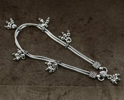 Sterling silver two-line snake chain ankle bracelet by Tribal Ornaments, perfect for belly dance and trendy foot jewelry.