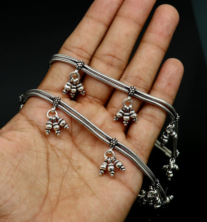 Sterling silver two-line snake chain ankle bracelet with layered design, perfect for trendy belly dance or casual foot jewelry.