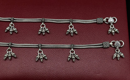 Sterling silver two-layer snake chain ankle bracelet with tribal design, ideal for belly dance and trendy foot jewelry.
