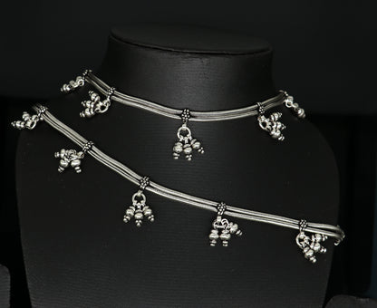 Sterling silver two-line snake chain anklet bracelet, trendy belly dance foot jewelry, customizable tribal design for stylish ankles.